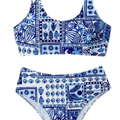 Dame Højskåret Bikini-Sæt med modigt Flise-Mønster Stilla