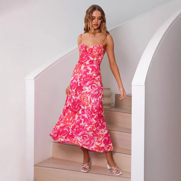 Dame Blomster Maxi Kjole med Rüschaft Stilla