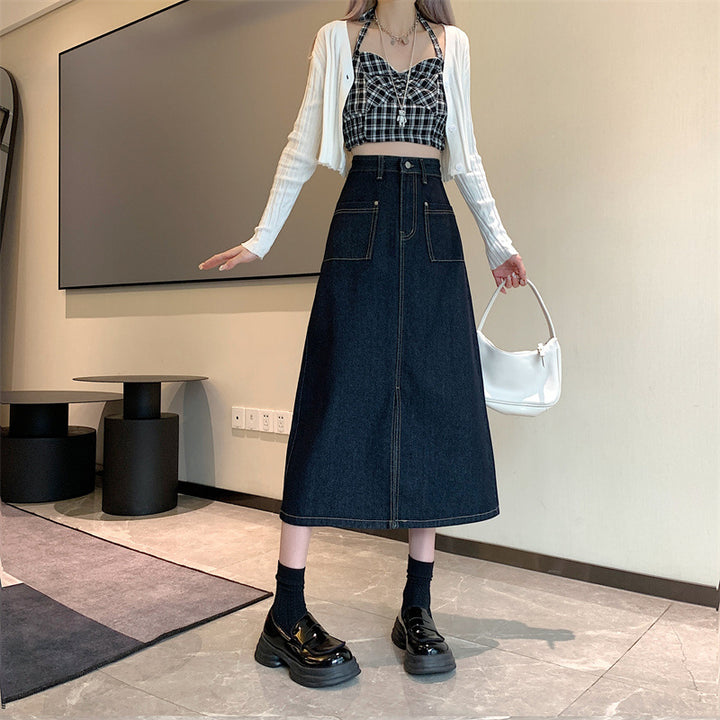Kvinder Lang Denim Nederdel med Praktiske Lommer Stilla