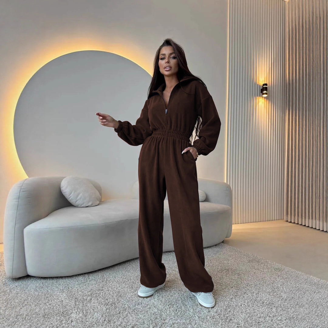 Kvinders elegante fleece jumpsuit med høj krave og elastisk talje Skovae