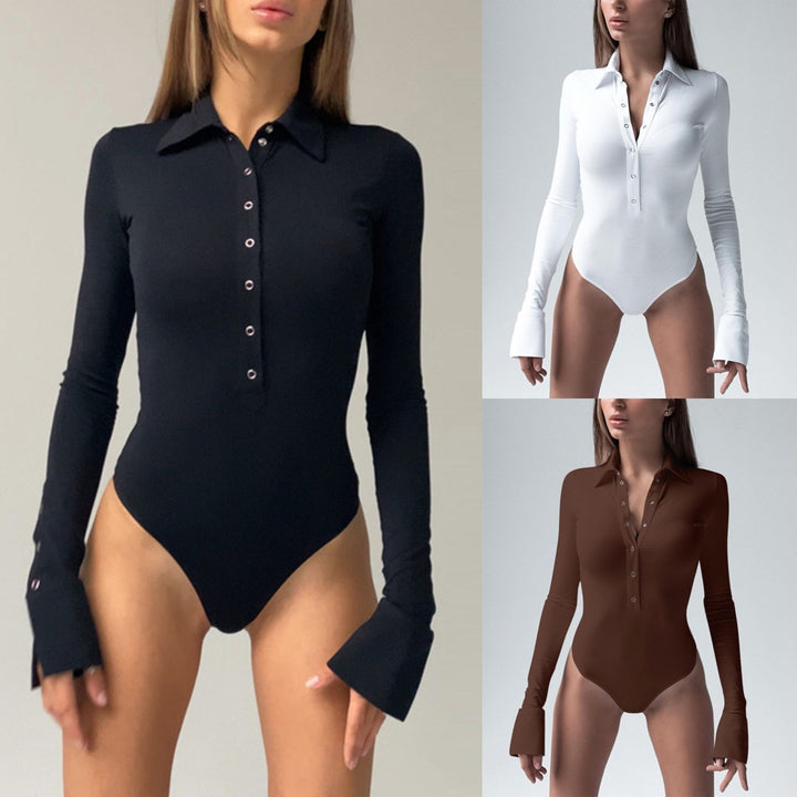Dame elegant Langærmet bodystocking med knaplukning og stilfulde detaljer Skovae