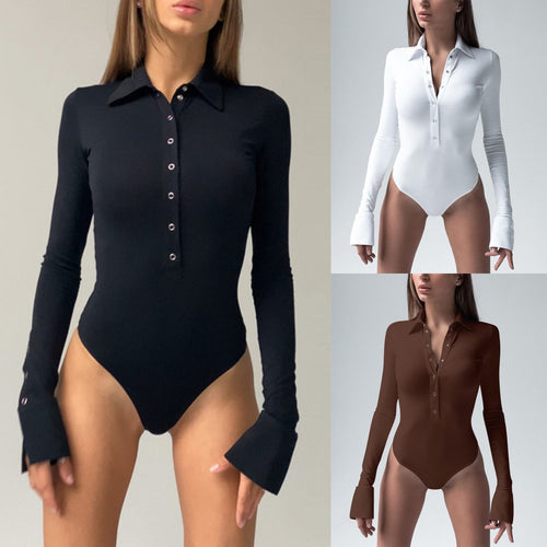 Dame elegant Langærmet bodystocking med knaplukning og stilfulde detaljer Skovae