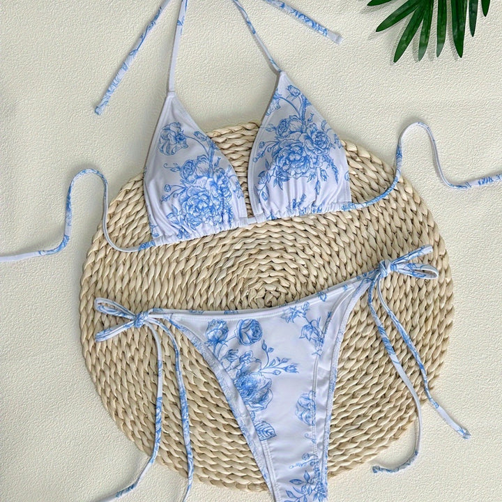 Dame Triangel-Bikini-Sæt med blomsterprint og justerbare stropper Stilla