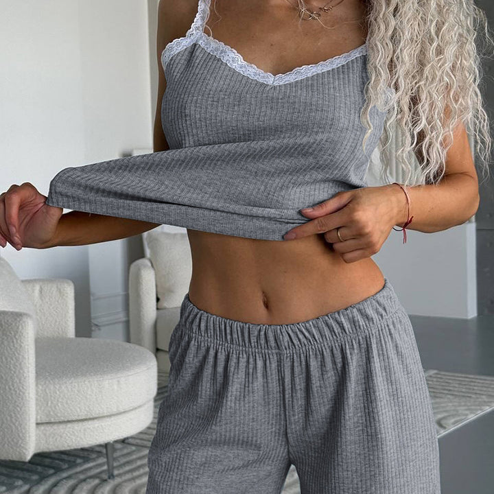 Dame loungewear-sæt med dekorerede stropper og elastisk bånd Stilla