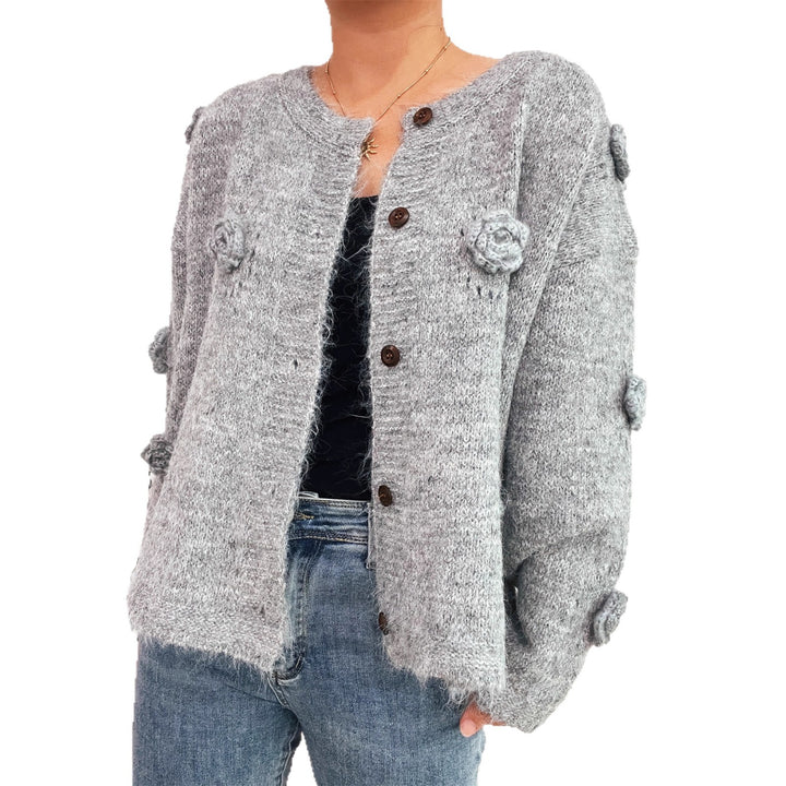 Kvinders hyggelige cardigan med blomsterapplikationer og knaplukning Stilla