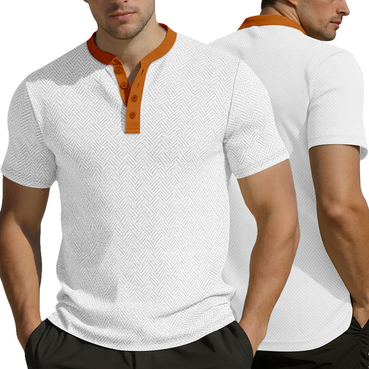 Herrer nan slankt kortærmet Henley polo skjorte med mandarin krave og fin jacquard struktur Skovae