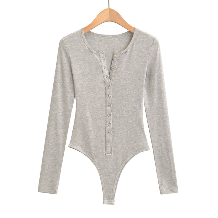Dame Langærmet Bodysuit med knapliste og elegant rund halsudskæring Stilla
