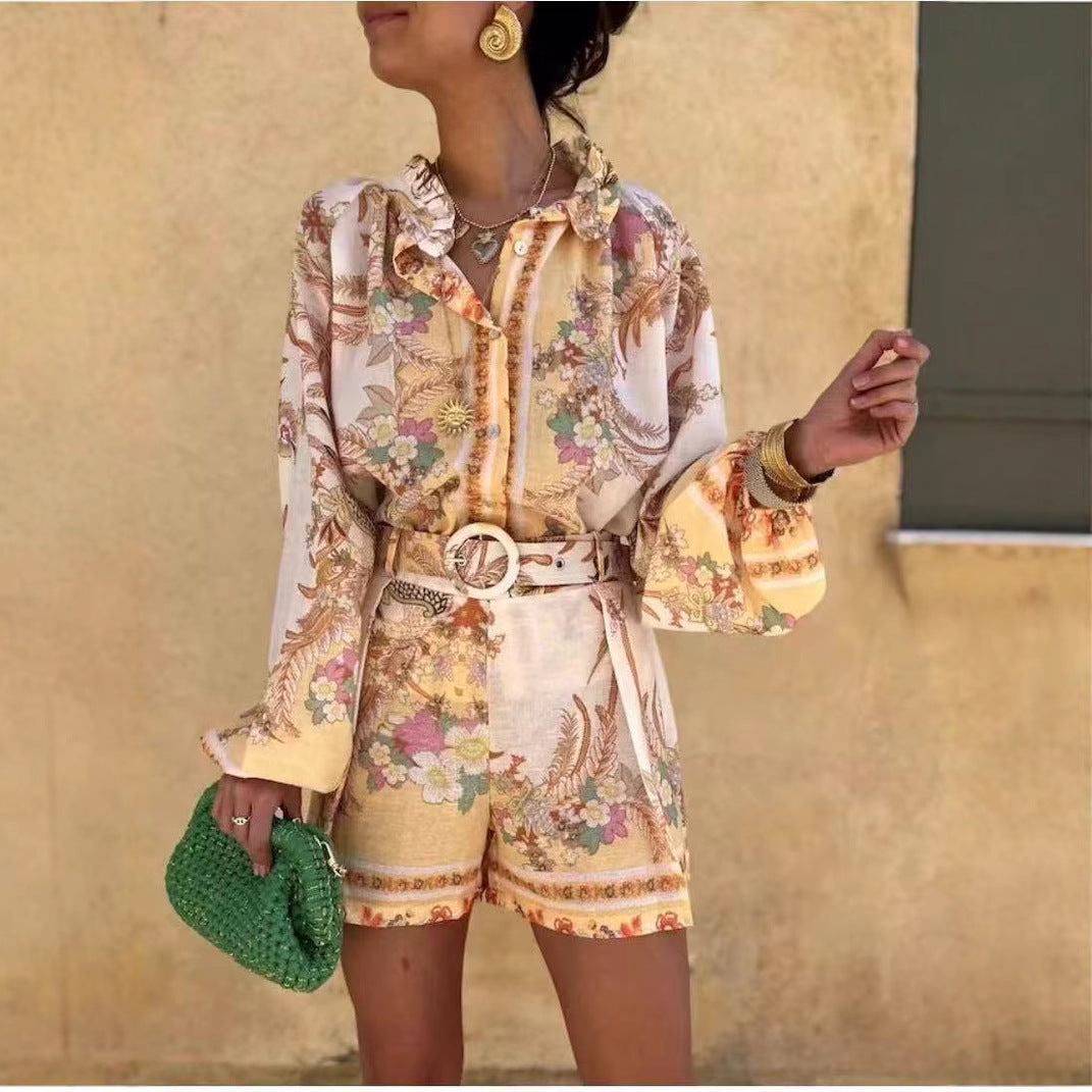 Dame bluse sæt med blomstrede design og løs pasform Skovae