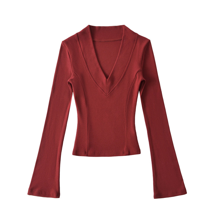 Dame Langærmet top med dyb V-udskæring og figursyet snit Stilla