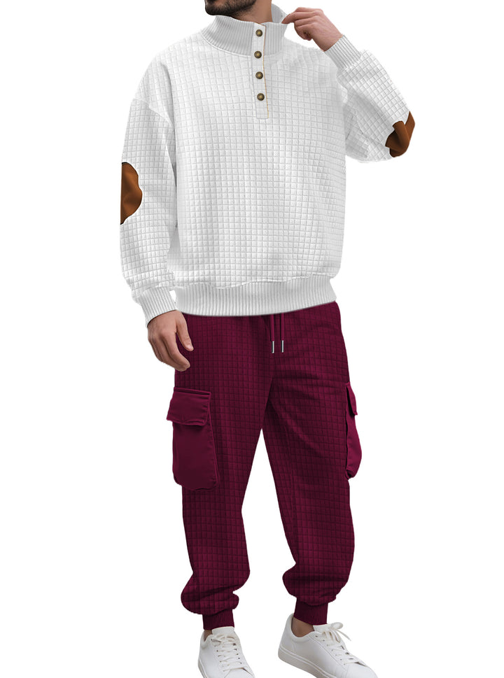 Herren nan Karo-relief-sweatset med ståkrave-knapliste, velour-ellbogenlapper og cargo-jogger Skovae