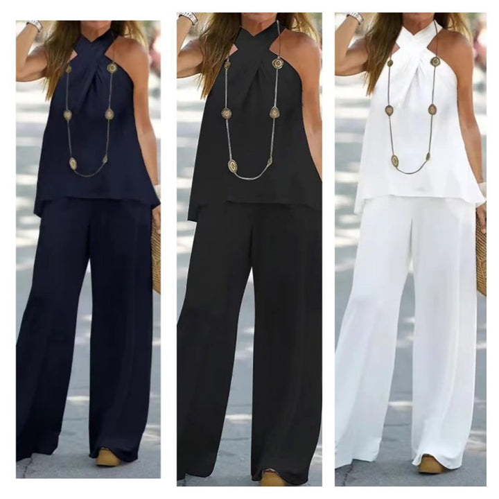 Dame luftig to-delt top med elegant drapering og bredt ben Stilla