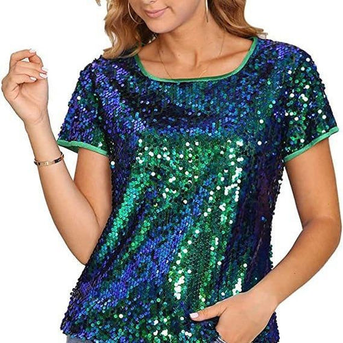 Kvinder Glitrende Paillet T-Shirt med Casual Snit og Behageligt Bomuldsmateriale Skovae