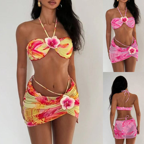 Dame bandeau-bikini med blomsterdesign og indviklet nederdel Skovae