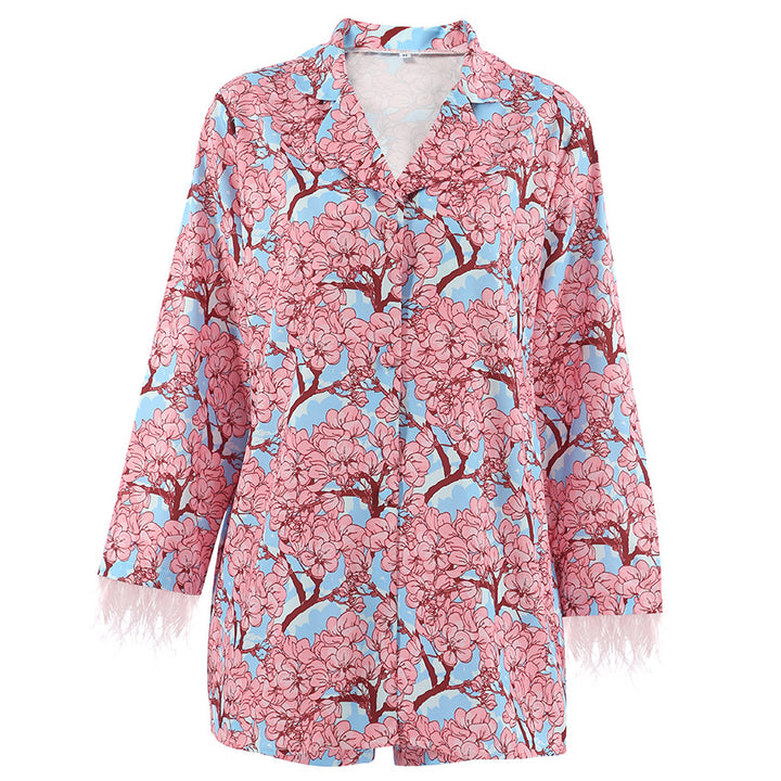 Dame satin pyjamasæt med eksklusivt blomsterprint og frynse detaljer Stilla