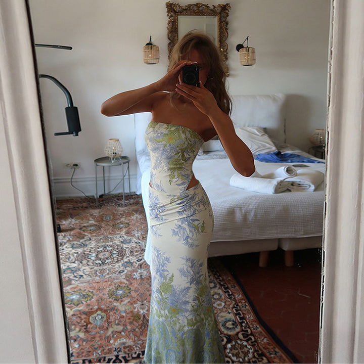 Dame Elegant Maxikjole med blomsterprint og figursyet snit Skovae