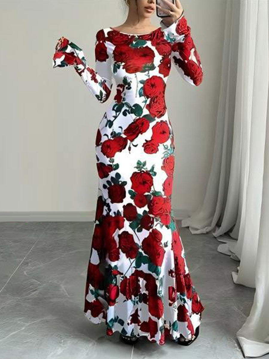 Kvinder Elegant Maxi Kjole med Blomster Rynke Detaljer og Lange Ærmer Stilla