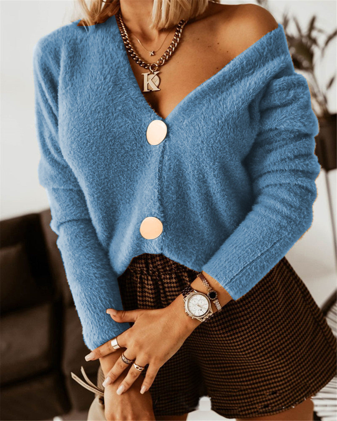 Damer Elegant Cardigan med store knapper og V-hals Stilla