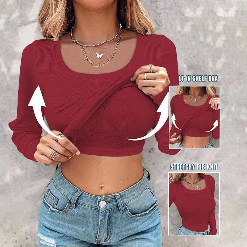 Dame Langærmet Rib-Crop-Top med indbygget BH Stilla