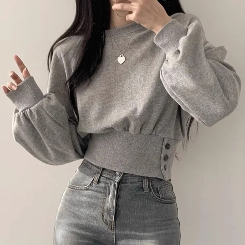 Damer fashionable cropped sweatshirt med puff ærmer Stilla