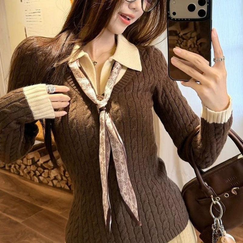 Kvinders Ribbet Strik Sweater med Skjorte Krave og Slips Stilla