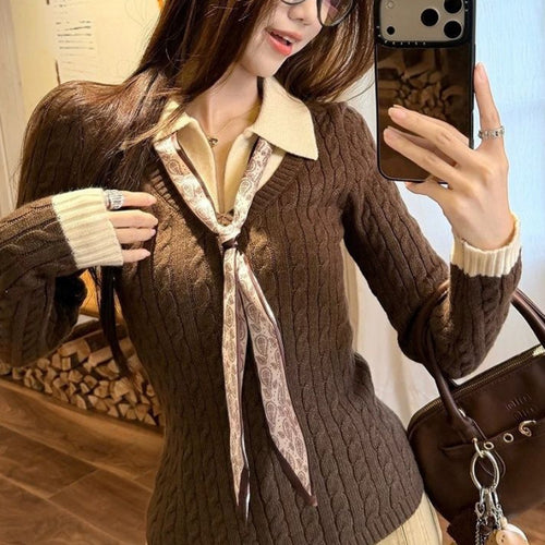 Kvinders Ribbet Strik Sweater med Skjorte Krave og Slips Stilla