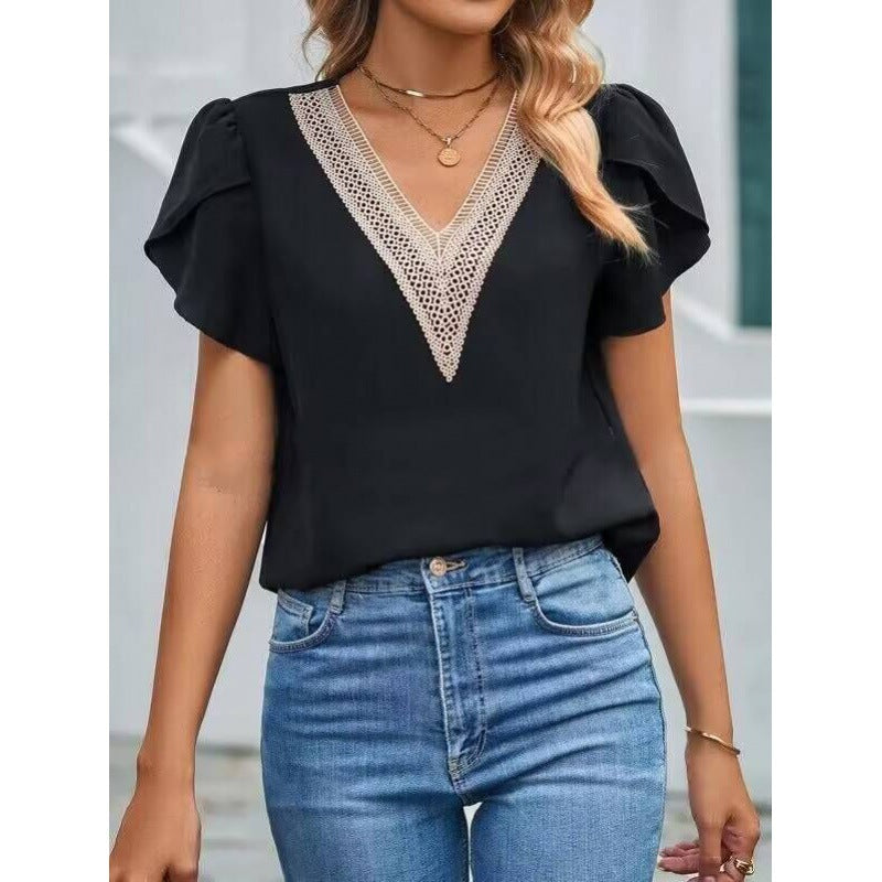 Dame elegant V-hals bluse med spidsudsmykninger Stilla