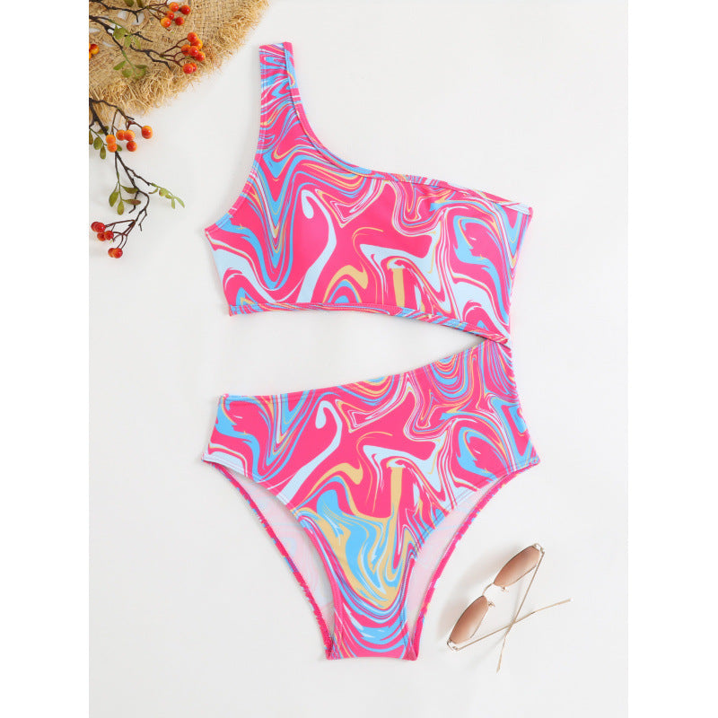 Dame One-Shoulder Bikini-sæt med farverigt mønster og høj benudskæring Skovae