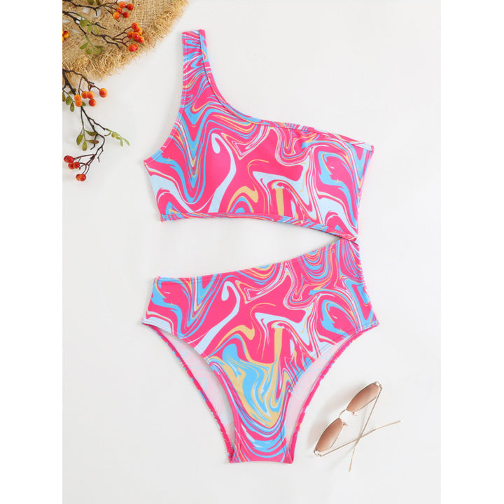 Dame One-Shoulder Bikini-sæt med farverigt mønster og høj benudskæring Skovae