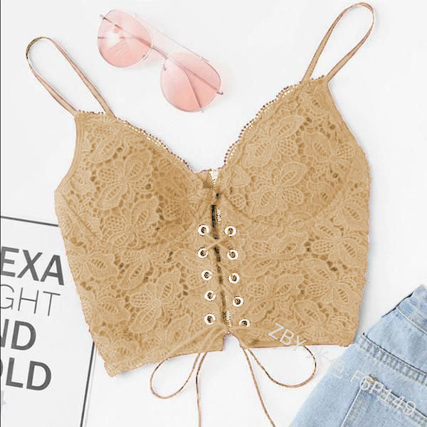 Dame Spids-Crop-Top med dekorative snøre detaljer og fine spidsindsatser Stilla