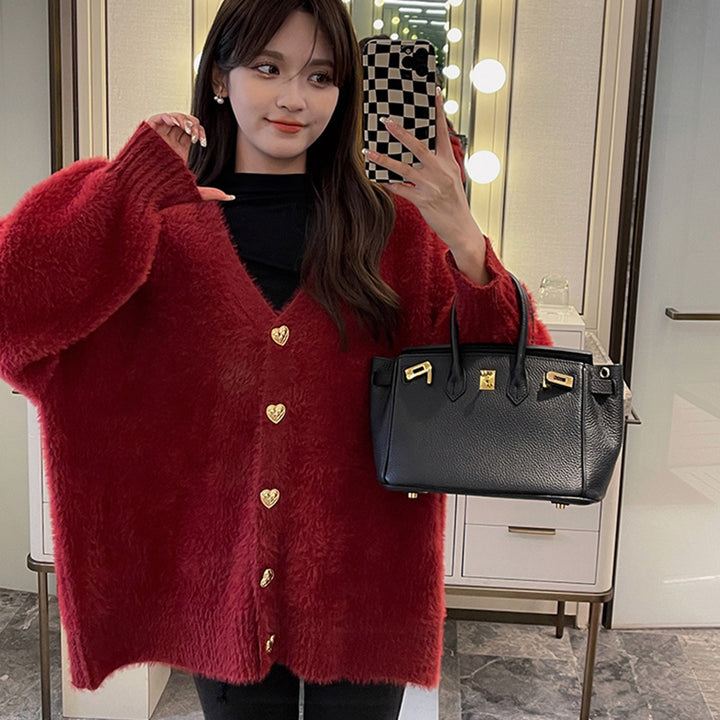 Dame Oversized Cardigan med Hjerteknapper og Blødt Materiale Stilla
