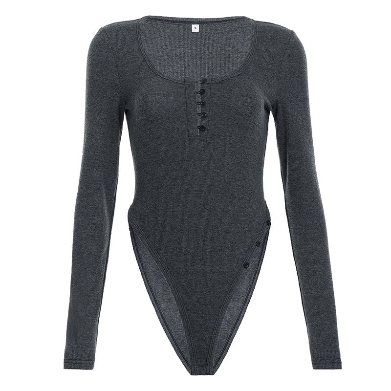 Dame langærmet bodysuit med dyb V-udskæring og knapdetaljer Skovae