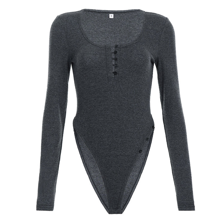 Dame langærmet bodysuit med dyb V-udskæring og knapdetaljer Skovae