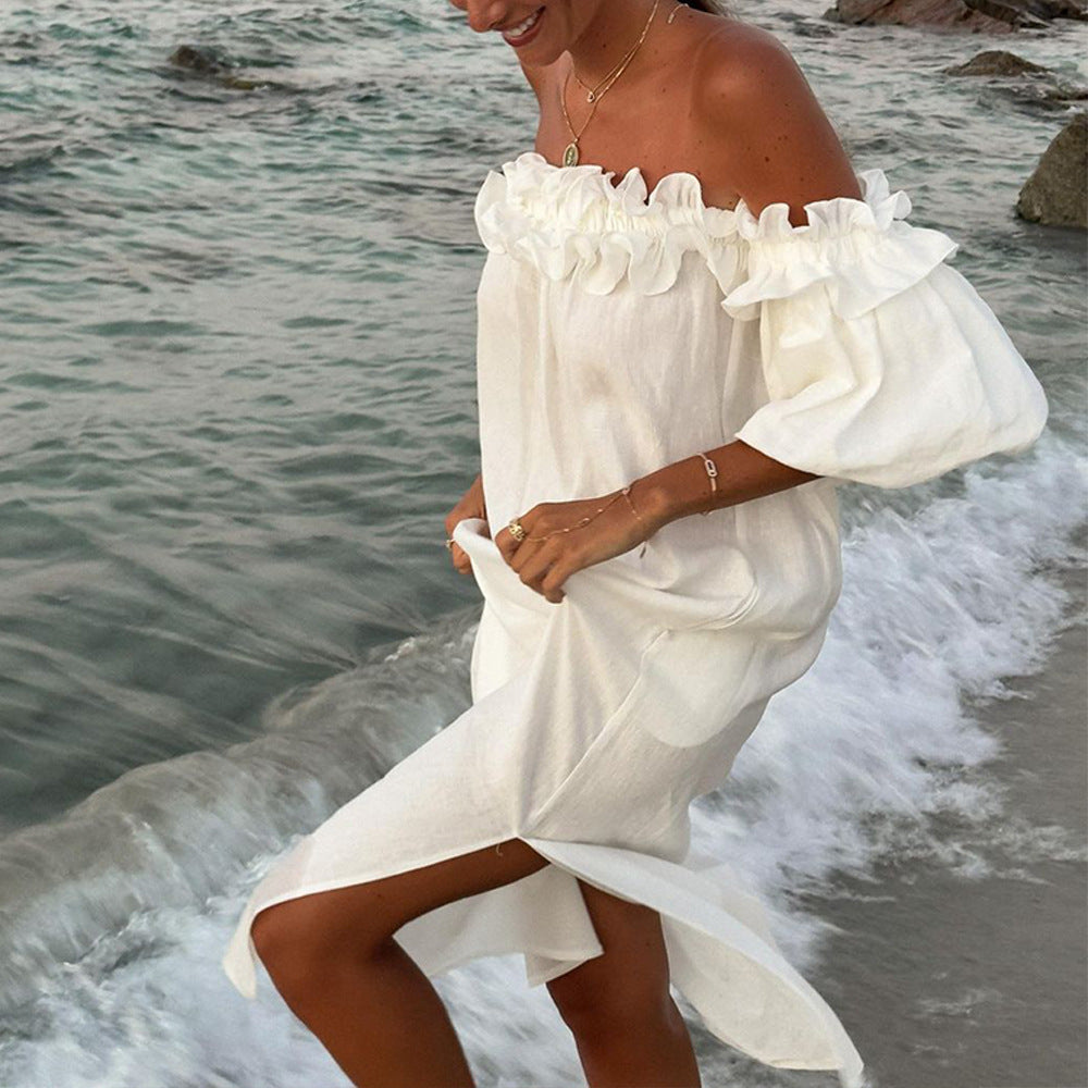 Dame Off-Shoulder Sommerkjole med Flæse Detaljer Stilla
