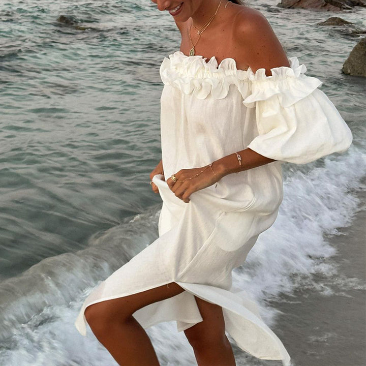 Dame Off-Shoulder Sommerkjole med Flæse Detaljer Stilla