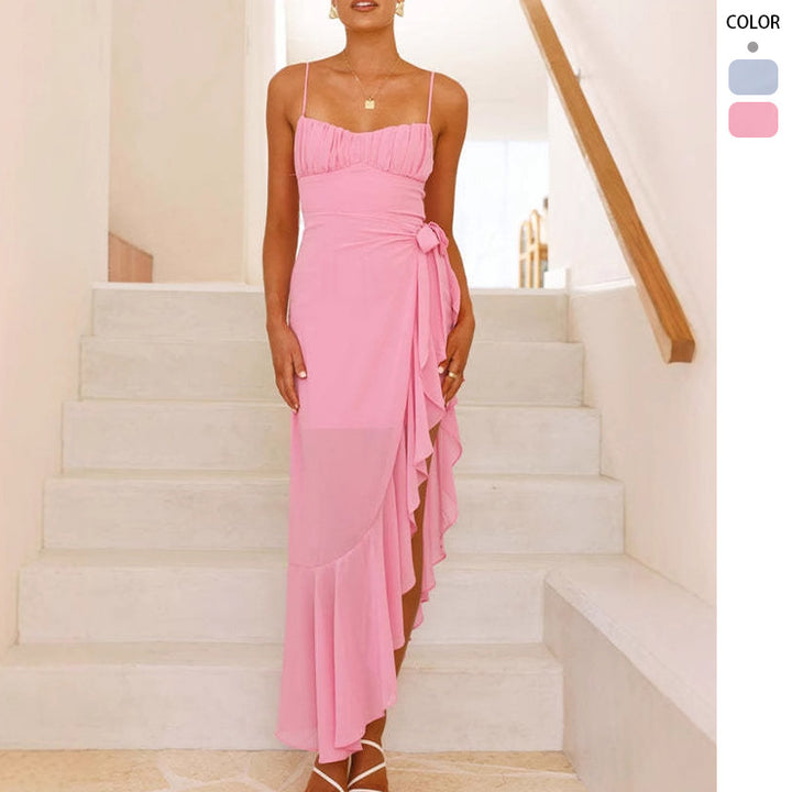 Damer Elegant Maxi Kjole med Asymmetrisk Snit og Rynker Stilla