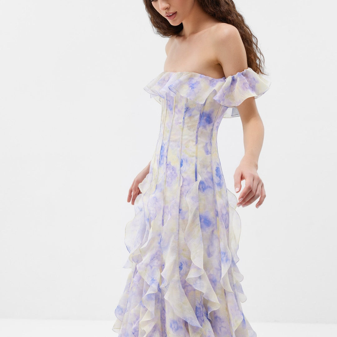 Dame Off-Shoulder Aftenkjole med flæseprydet chiffon og figurnær pasform Stilla