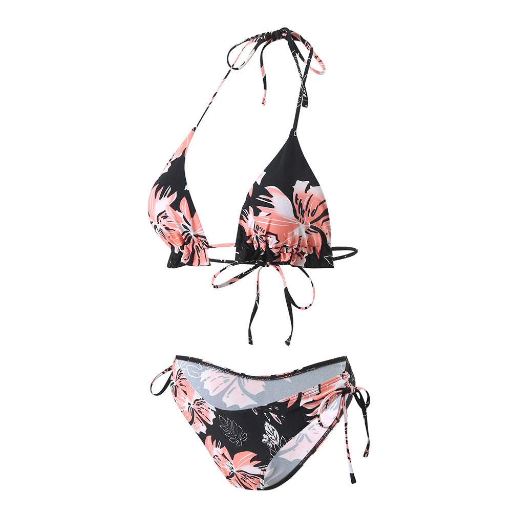 Dame triangel-bikini med blomsterprint og justerbare bindebånd Stilla