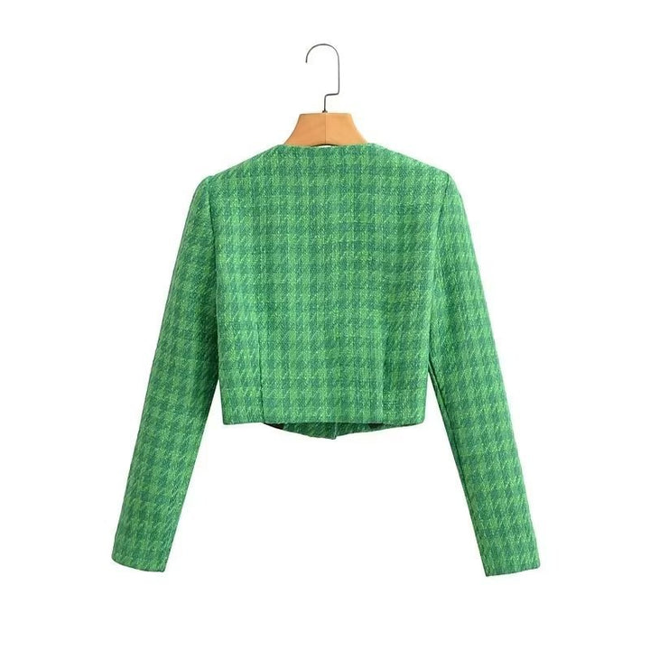 Dame Kort Boucle Jakke med Elegant Ternet Mønster Stilla