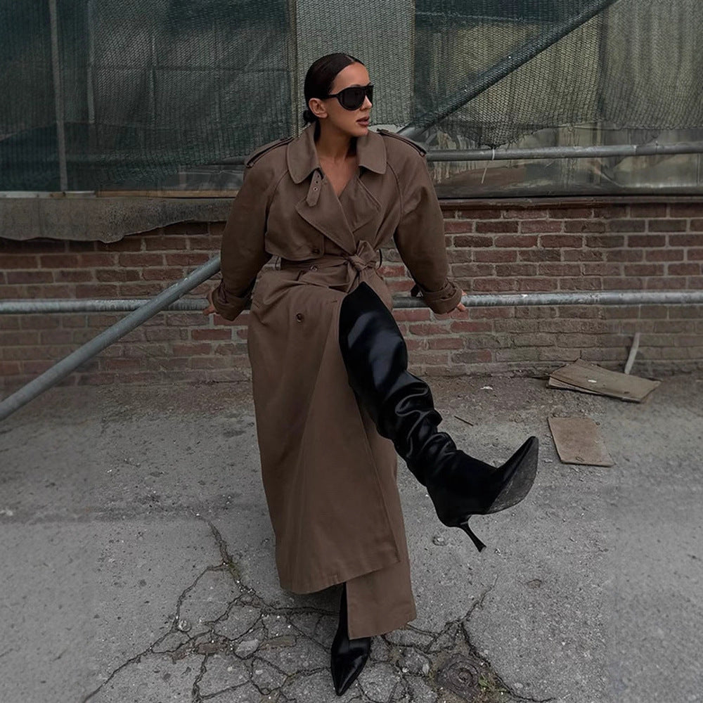 Dame elegant trenchcoat med taljebælte og højt lukket krave Stilla