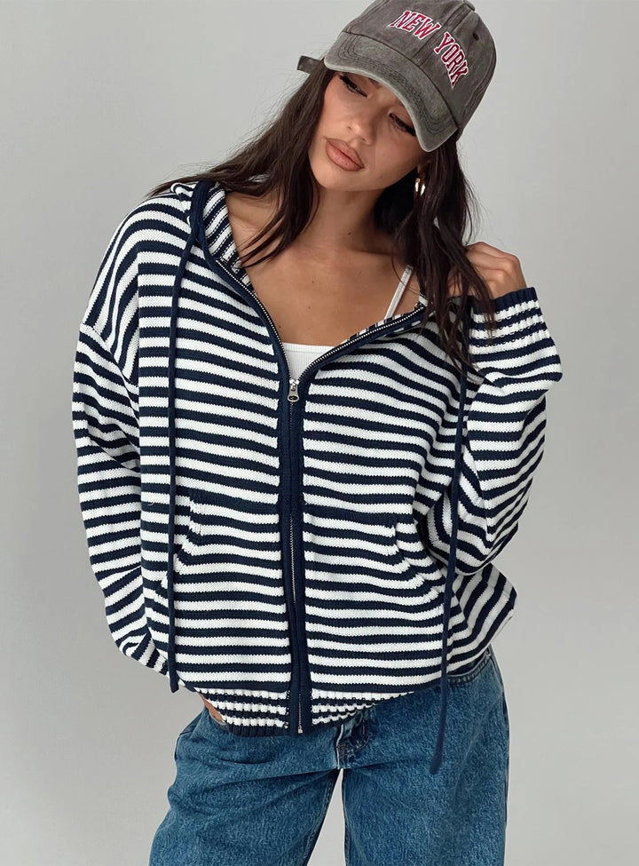 Dame cardigan i stribet design med kvalitets lynlås og casual fit