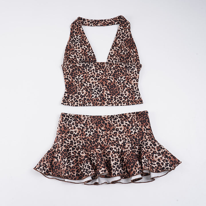 Damen Badeanzug Set mit Leopardenmuster und verführerischer Rüsche Skovae