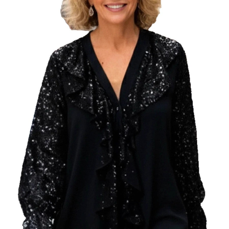 Dame Elegant Bluse med Glitrende Accenter og Flæse Detaljer Stilla