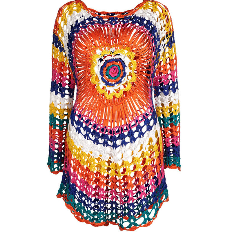 Damer Hækle-Strandponcho med farverigt Boho-mønster og afslappet snit Stilla