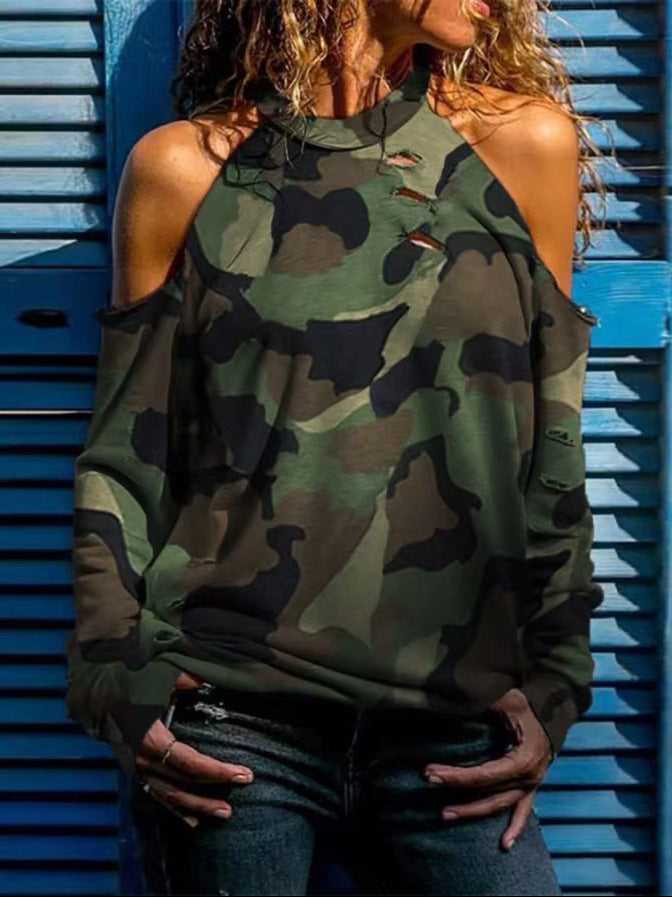 Dame afslappet sweatshirt med skulderfri design og moderigtigt camouflage-mønster Stilla