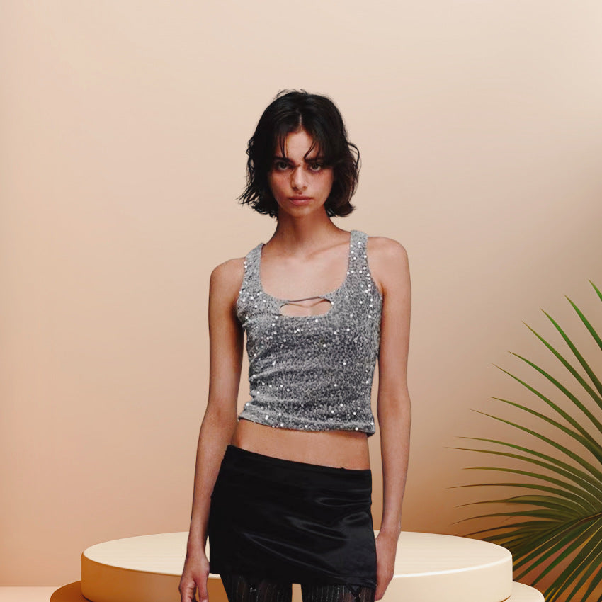 Kvinder Glitrende Crop Top med Glitrende Effekt og Scoop-Cut U-hals
