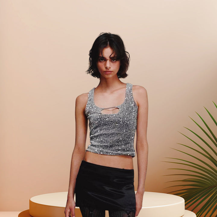 Kvinder Glitrende Crop Top med Glitrende Effekt og Scoop-Cut U-hals