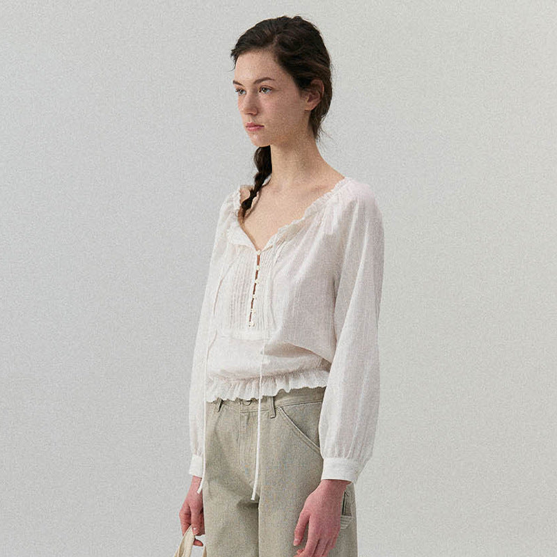 Dame let bluse med dekorativ snøredetalje og elastisk fald Stilla