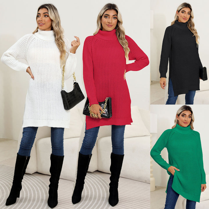 Dame finstrik pullover med høj krave og sidespalter Stilla