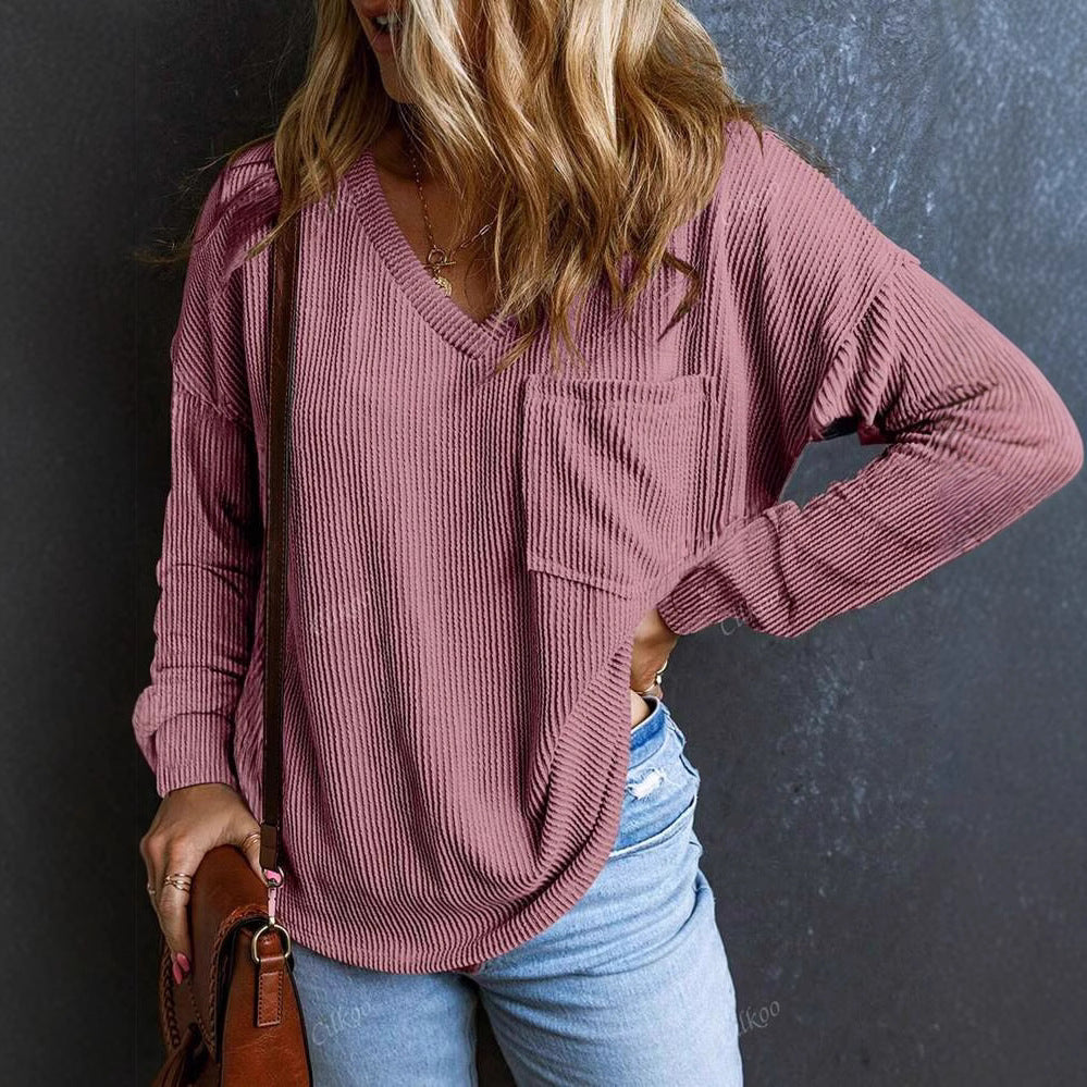 Dame V-hals pullover med brystlomme Stilla