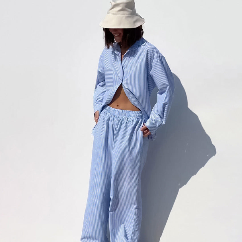 Dame afslappet sæt bestående af stribet oversized skjorte og løs bukser Stilla